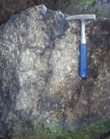 Bl skla - detail textury horniny, vyrostlice K-ivce (a 3x1 cm) a men vyrostlice bipyramidlnho kemene (do 5 mm) v drobnozrnn zkladn hmot, Karel Breiter, 2003