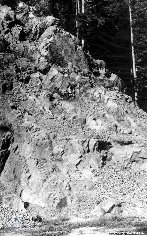 Fotografie : Kamenolom na pravm dolnm svahu Otavy severn od .Pily: Granodioritov poloha s ilou ulovho porfyru v migmatitickch rulch., u ekovy Pily
