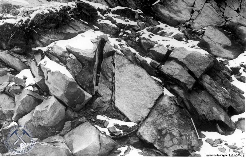 Fotografie : Polohy biotitick ruly v granodioritovm lomu na pravobenm pat dolnho svahu Vydry sev.od Modravy., Modrava