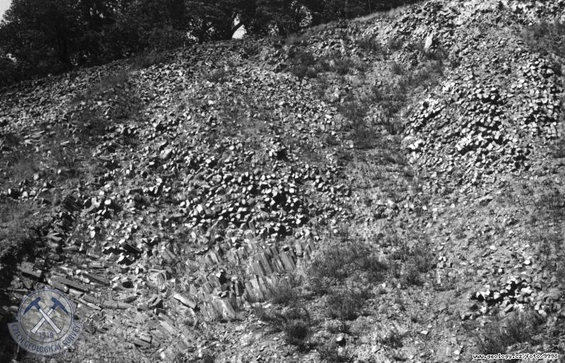 Fotografie : Odlunost ediov horniny v kamenolomu na jz. bo Pleivce u Kamku., Kamk u Litomic