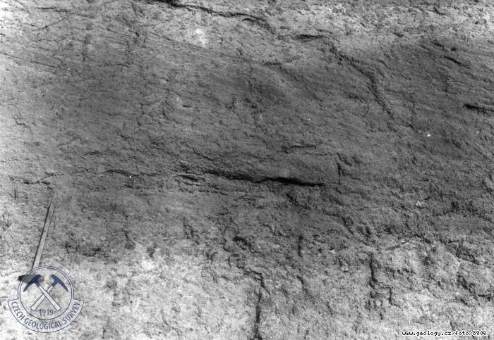 Fotografie : Detail sedimentace v písníku v triasu při silnici, v jižní části lomu., Bohdašín